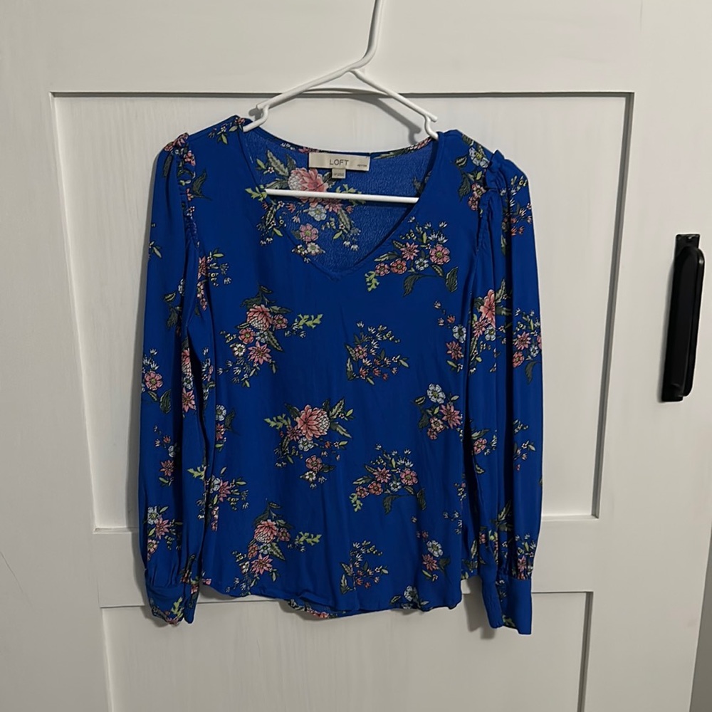 Blue, long sleeve blouse.